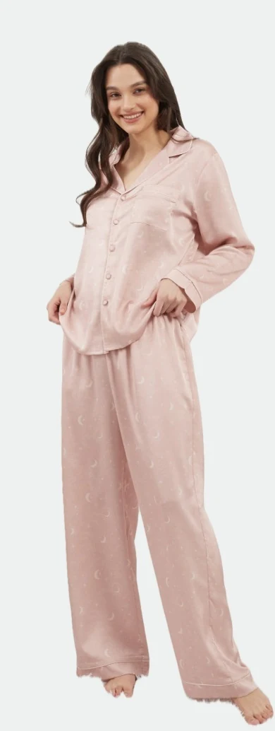 Pink moon-print long-sleeve button-front pajama top and long trousers