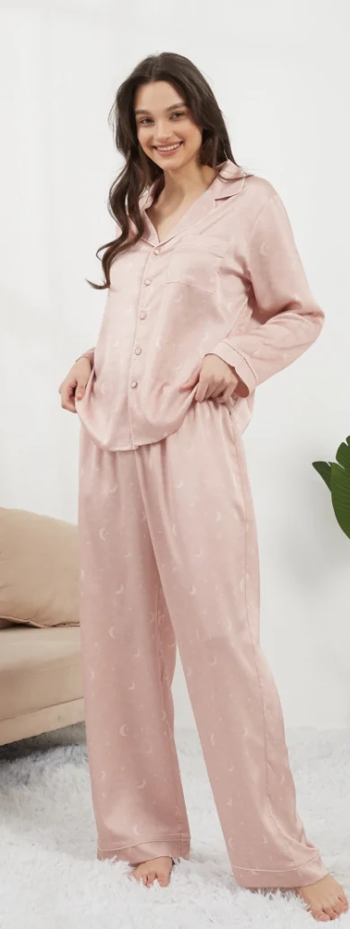 Pink moon-print long-sleeve button-front pajama top and long trousers