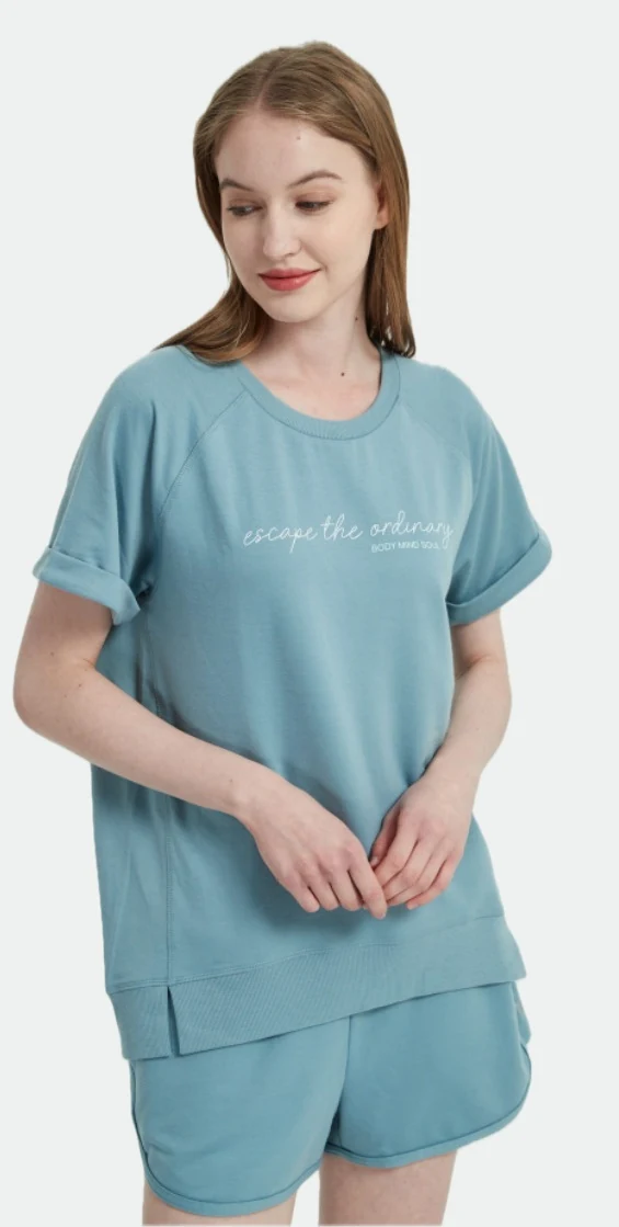 Blue-green short-sleeve pajama top and matching shorts