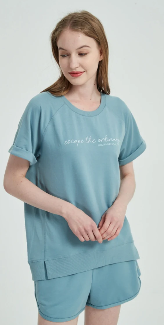 Blue-green short-sleeve pajama top and matching shorts