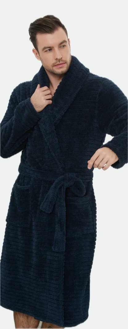Man wearing a dark blue belted robe with a shawl collar