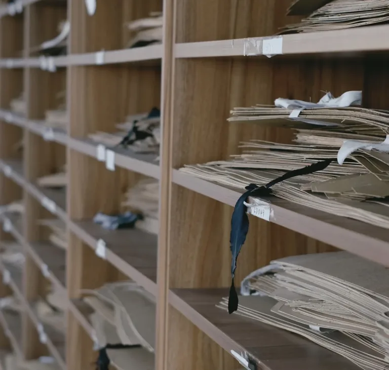 Paper garment patterns stored on shelves